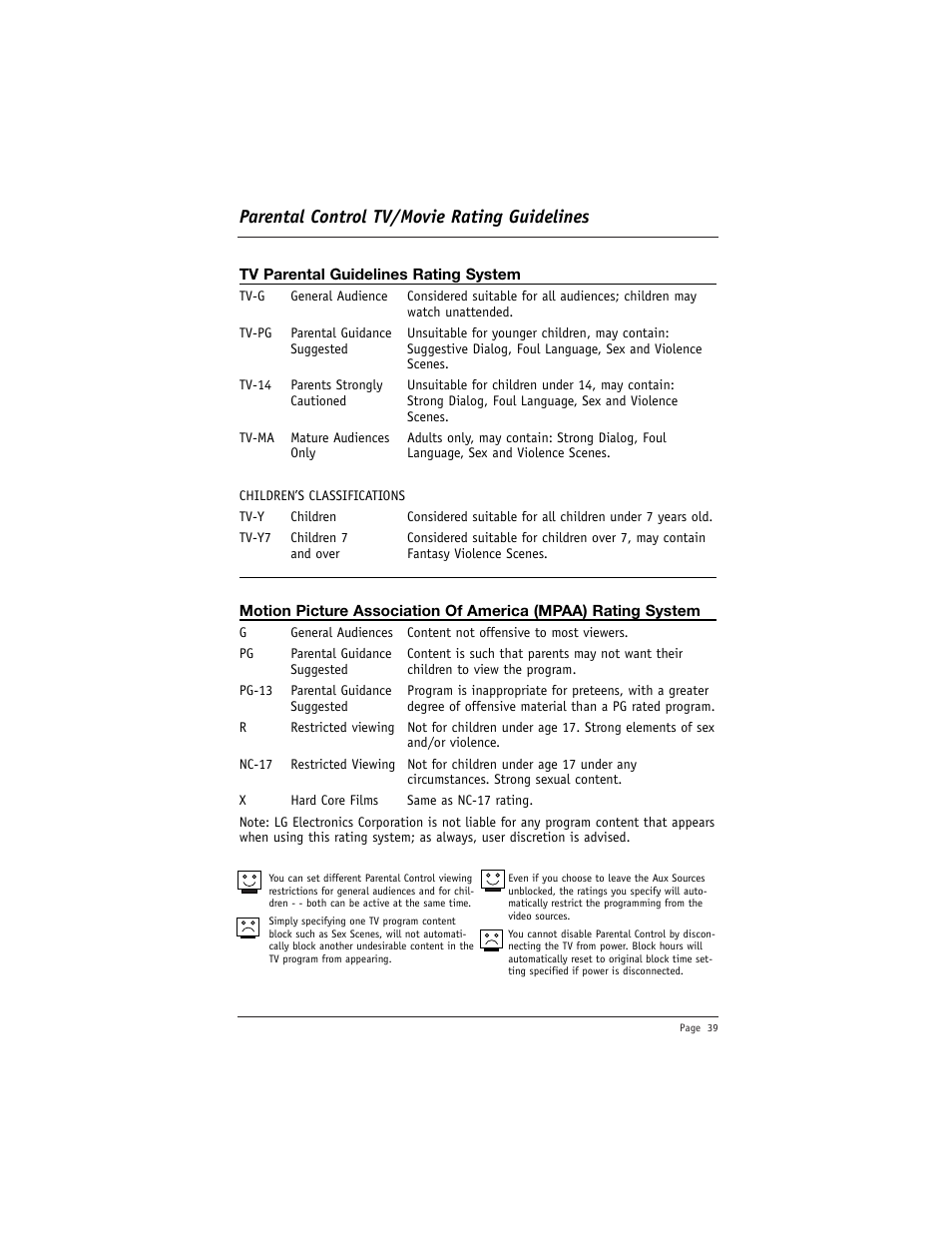 Parental control tv/movie rating guidelines | LG DU-27FB34C User Manual | Page 39 / 62