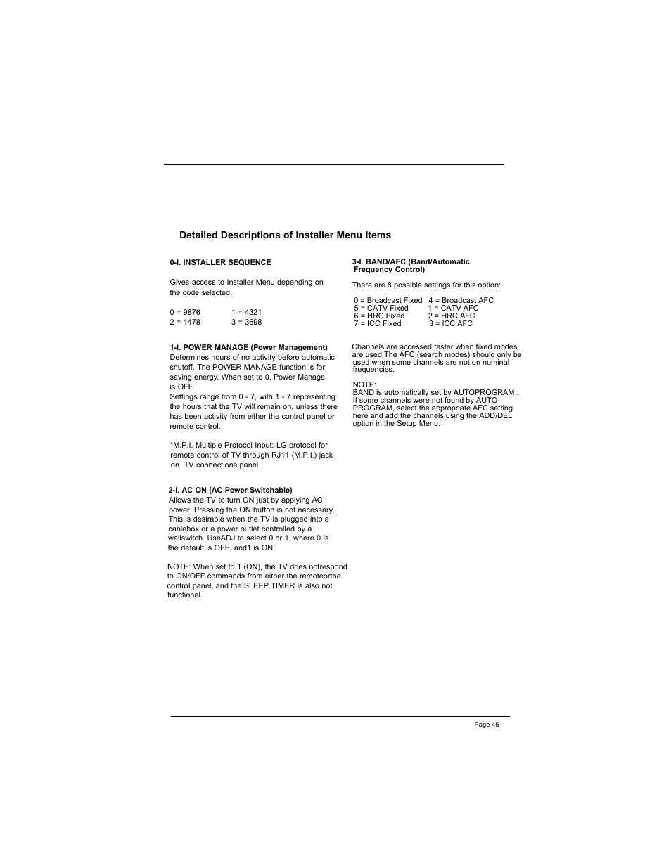 Installer menu, Detailed descriptions of installer menu items | LG DU-27FB34C User Manual | Page 45 / 62