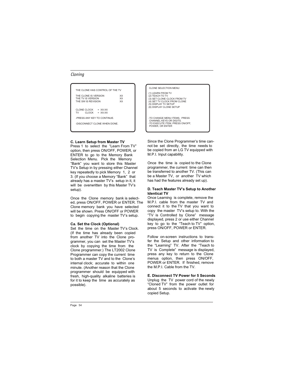 Cloning, Lt2002 quickset programmer | LG DU-27FB34C User Manual | Page 54 / 62