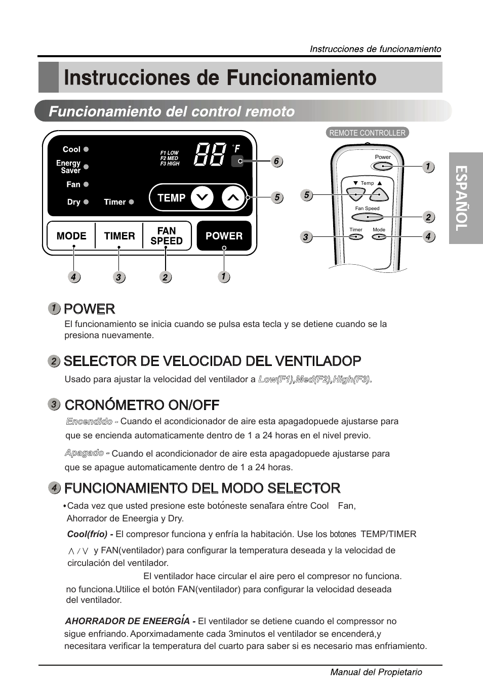 Т³гж 42, Power, Selector de velocidad del ventiladop | Cronometro on/off, Funcionamiento del modo selector | LG LW1013ER User Manual | Page 39 / 48