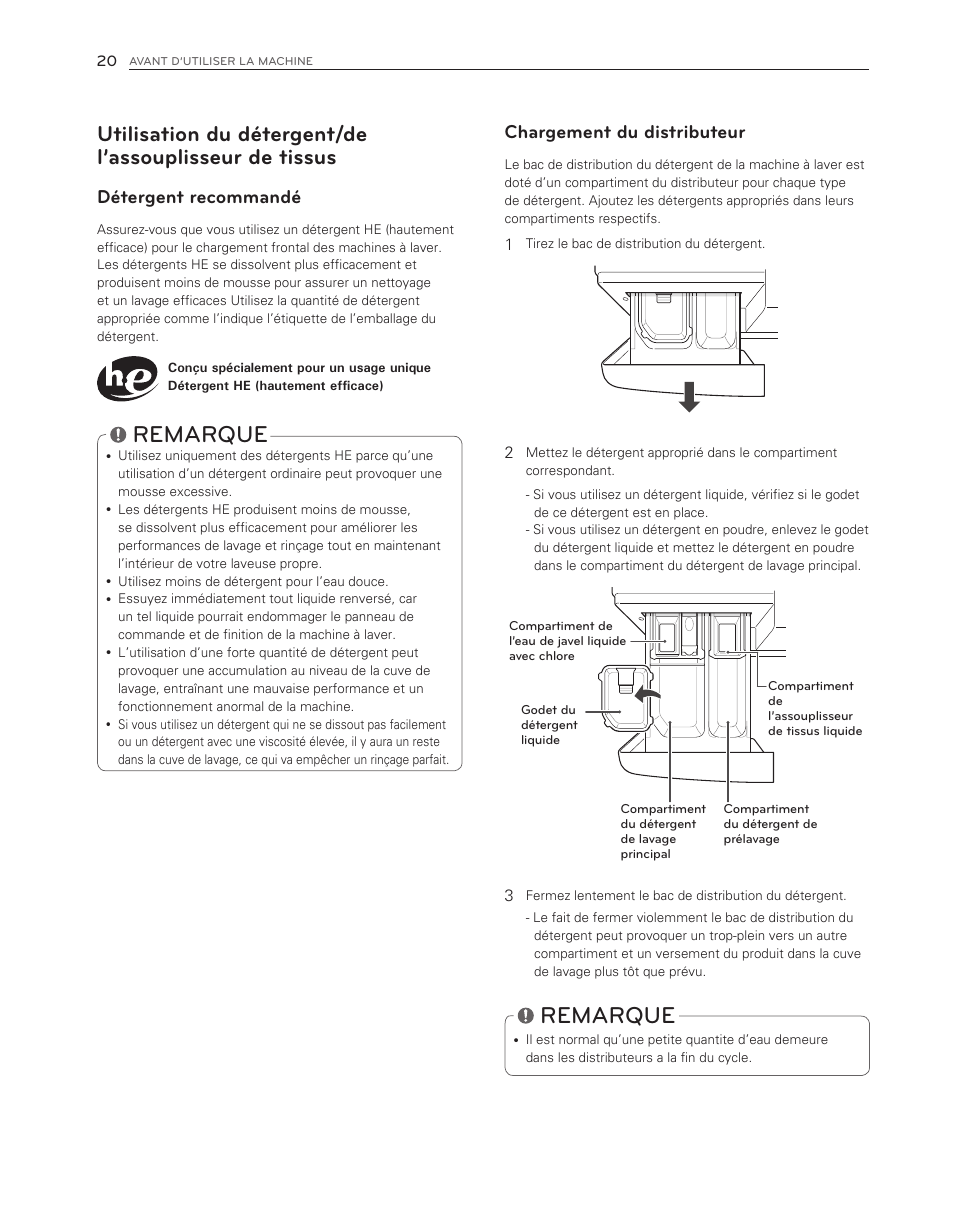 Remarque, Chargement du distributeur, Détergent recommandé | LG WM3550HWCA User Manual | Page 100 / 120