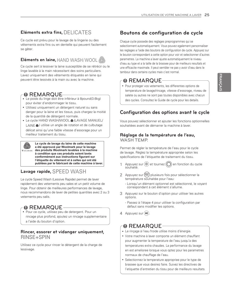 Remarque, Boutons de configuration de cycle, Configuration des options avant le cycle | Rinse+spin, Eléments extra fins, Eléments en laine, Lavage rapide, Rincer, essorer et vidanger uniquement, Réglage de la température de l’eau, wash temp | LG WM3550HWCA User Manual | Page 105 / 120