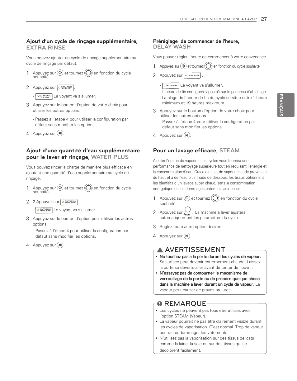 Avertissement, Remarque, Préréglage de commencer de l’heure, delay wash | Pour un lavage efficace, steam | LG WM3550HWCA User Manual | Page 107 / 120