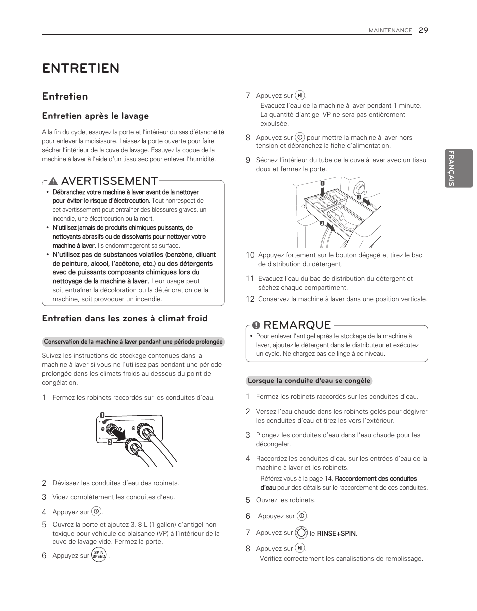 Avertissement, Remarque, Entretien | Entretien après le lavage, Entretien dans les zones à climat froid | LG WM3550HWCA User Manual | Page 109 / 120