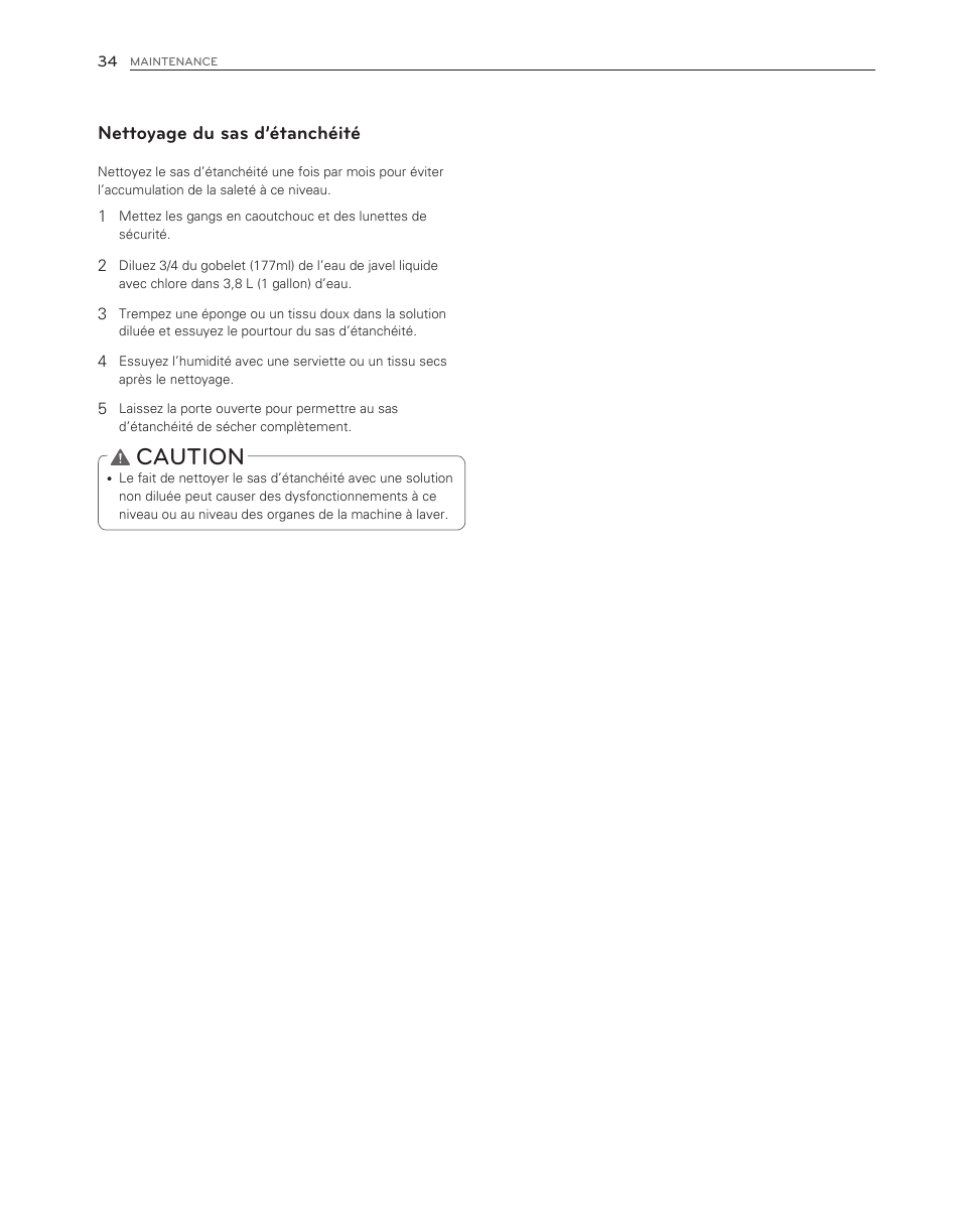 Caution, Nettoyage du sas d’étanchéité | LG WM3550HWCA User Manual | Page 114 / 120