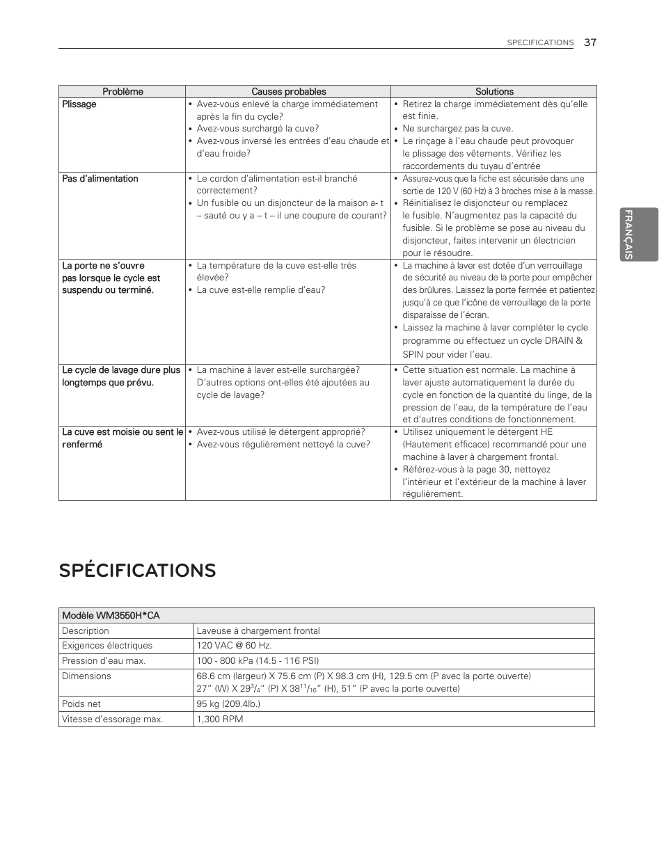Spécifications | LG WM3550HWCA User Manual | Page 117 / 120
