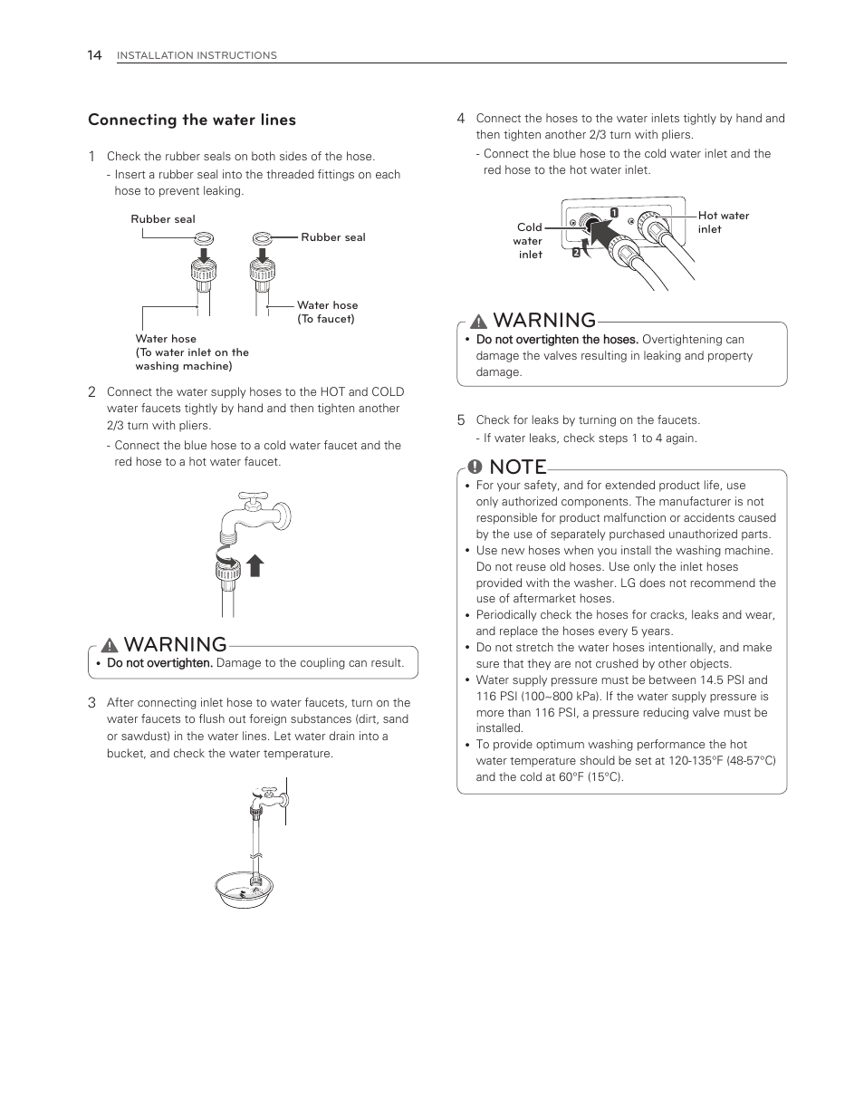 Warning, Connecting the water lines | LG WM3550HWCA User Manual | Page 14 / 120