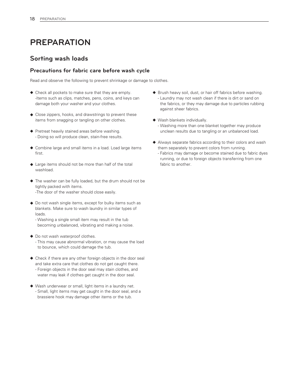 Preparation, Sorting wash loads, Precautions for fabric care before wash cycle | LG WM3550HWCA User Manual | Page 18 / 120