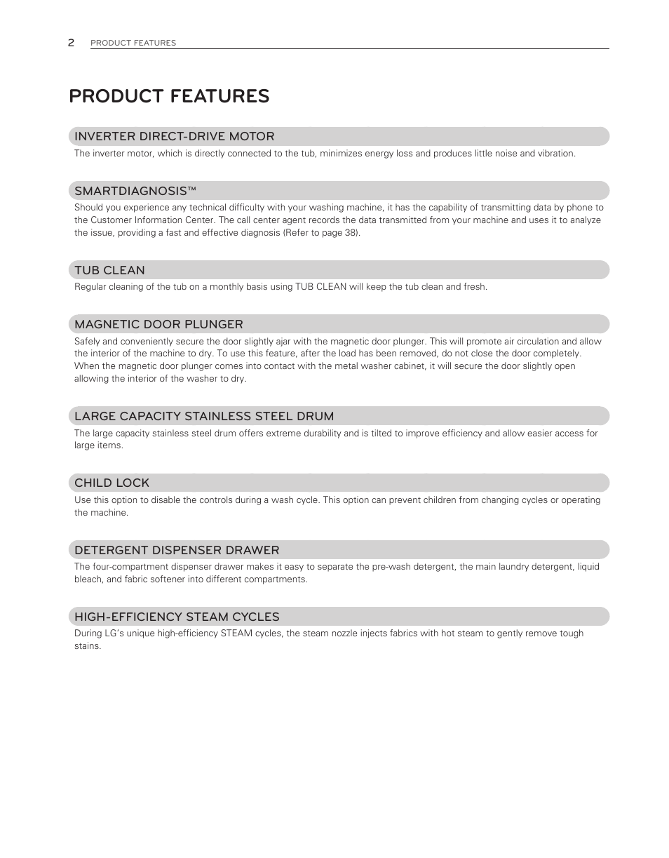 Product features | LG WM3550HWCA User Manual | Page 2 / 120