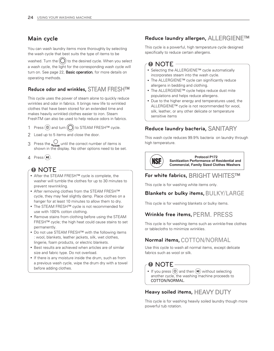 Main cycle, Allergiene, Sanitary | Bright whites, Heavy duty, Steam fresh, Reduce laundry allergen, Reduce laundry bacteria, For white fabrics, Blankets or bulky items | LG WM3550HWCA User Manual | Page 24 / 120