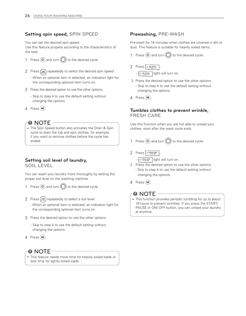 Setting spin speed, spin speed, Setting soil level of laundry, soil level, Prewashing, pre-wash | Tumbles clothes to prevent wrinkle, fresh care | LG WM3550HWCA User Manual | Page 26 / 120