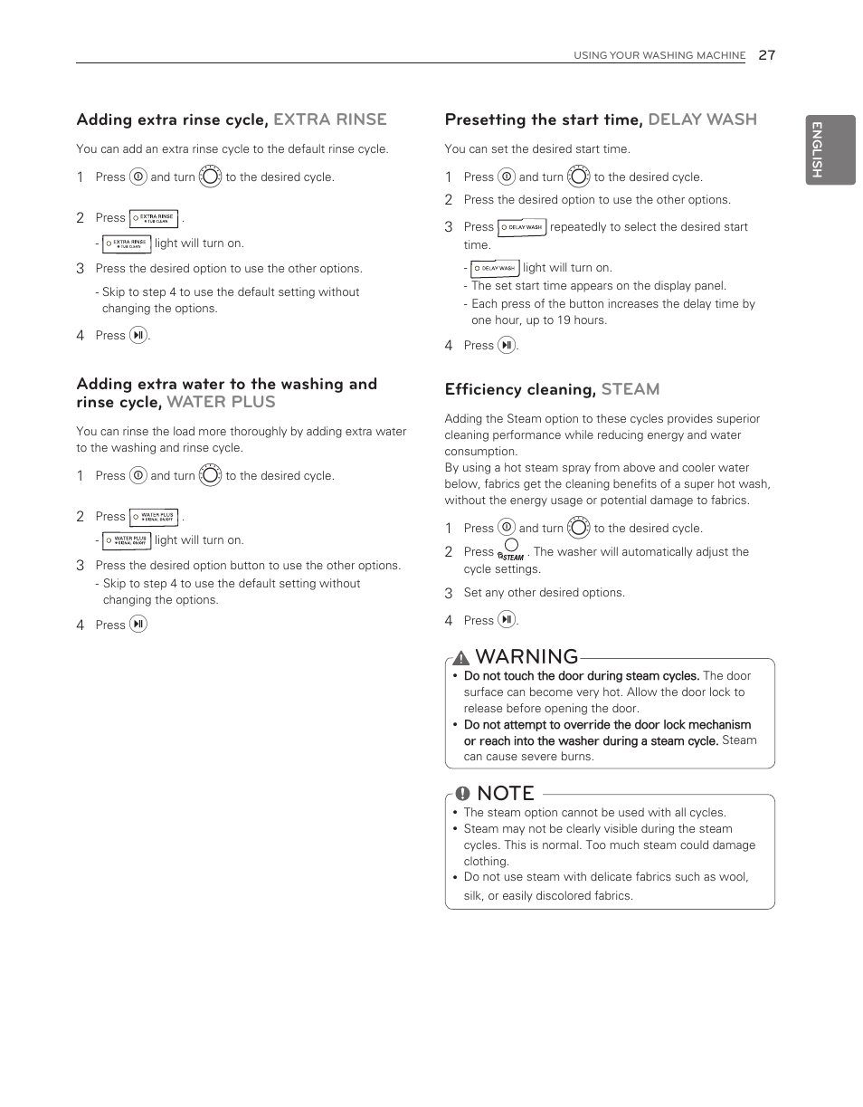 Warning, Adding extra rinse cycle, extra rinse, Presetting the start time, delay wash | Efficiency cleaning, steam | LG WM3550HWCA User Manual | Page 27 / 120