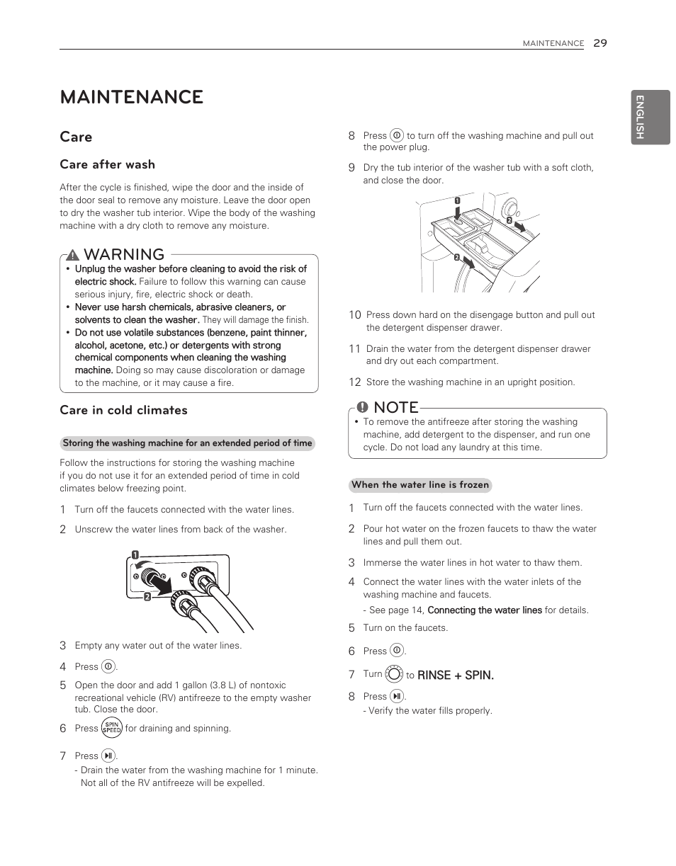 Maintenance, Warning, Care | Care after wash, Care in cold climates | LG WM3550HWCA User Manual | Page 29 / 120