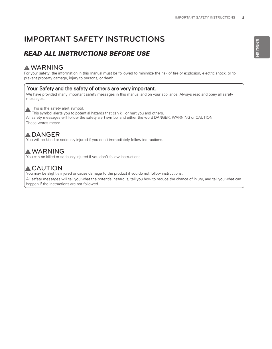 Important safety instructions, Warning, Danger | Caution, Read all instructions before use | LG WM3550HWCA User Manual | Page 3 / 120