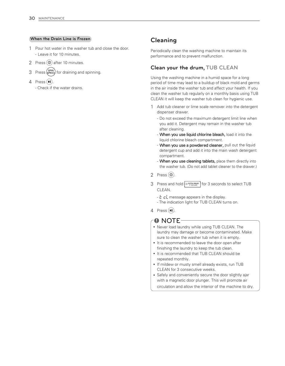 Cleaning, Clean your the drum, tub clean | LG WM3550HWCA User Manual | Page 30 / 120