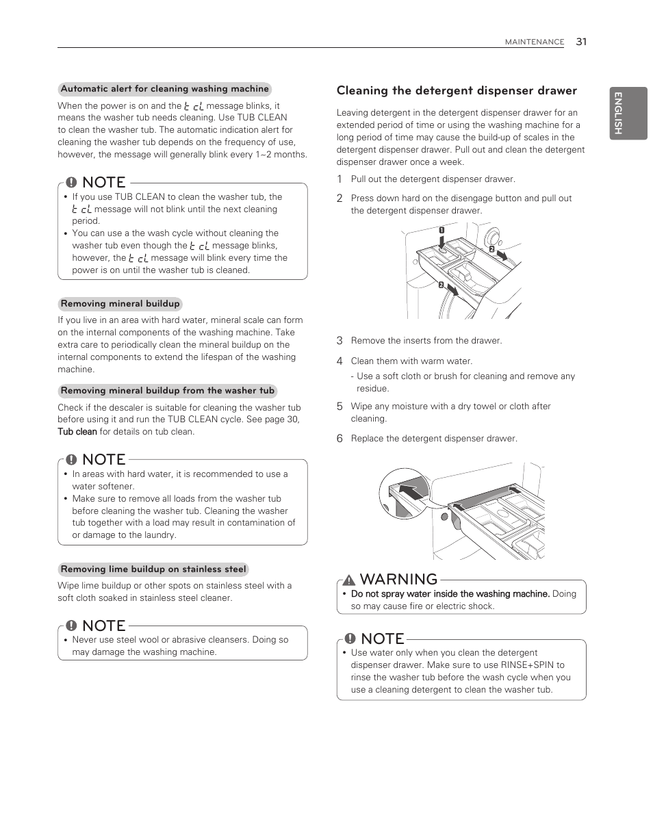 Warning, Cleaning the detergent dispenser drawer | LG WM3550HWCA User Manual | Page 31 / 120