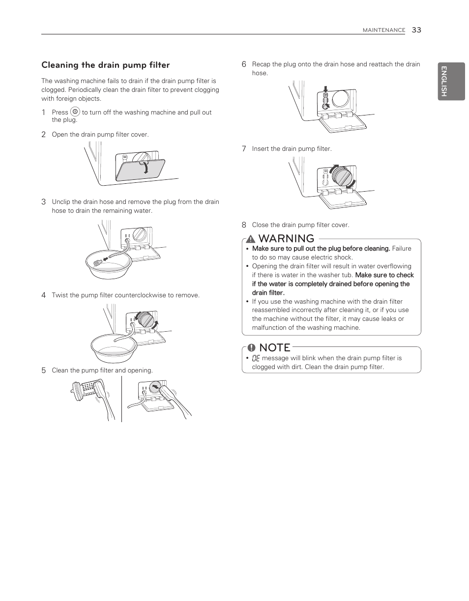Warning, Cleaning the drain pump filter | LG WM3550HWCA User Manual | Page 33 / 120