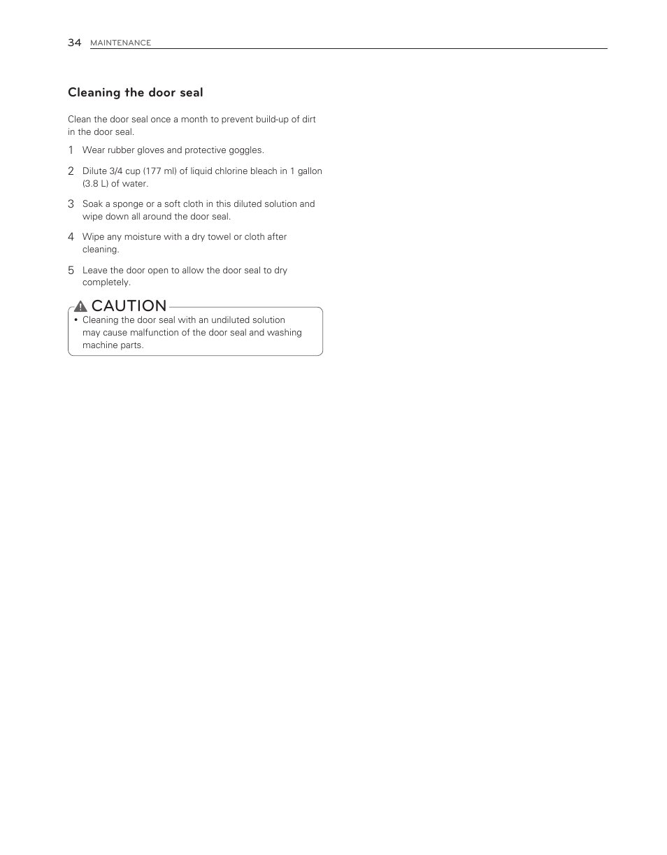 Caution, Cleaning the door seal | LG WM3550HWCA User Manual | Page 34 / 120