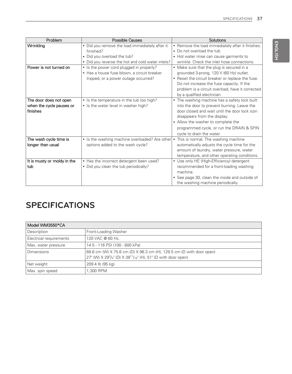 Specifications | LG WM3550HWCA User Manual | Page 37 / 120
