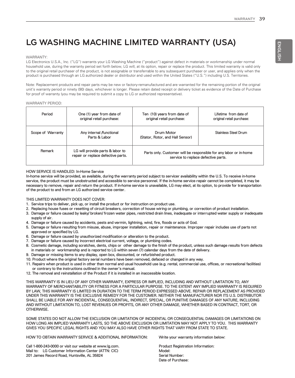 Lg washing machine limited warranty (usa) | LG WM3550HWCA User Manual | Page 39 / 120