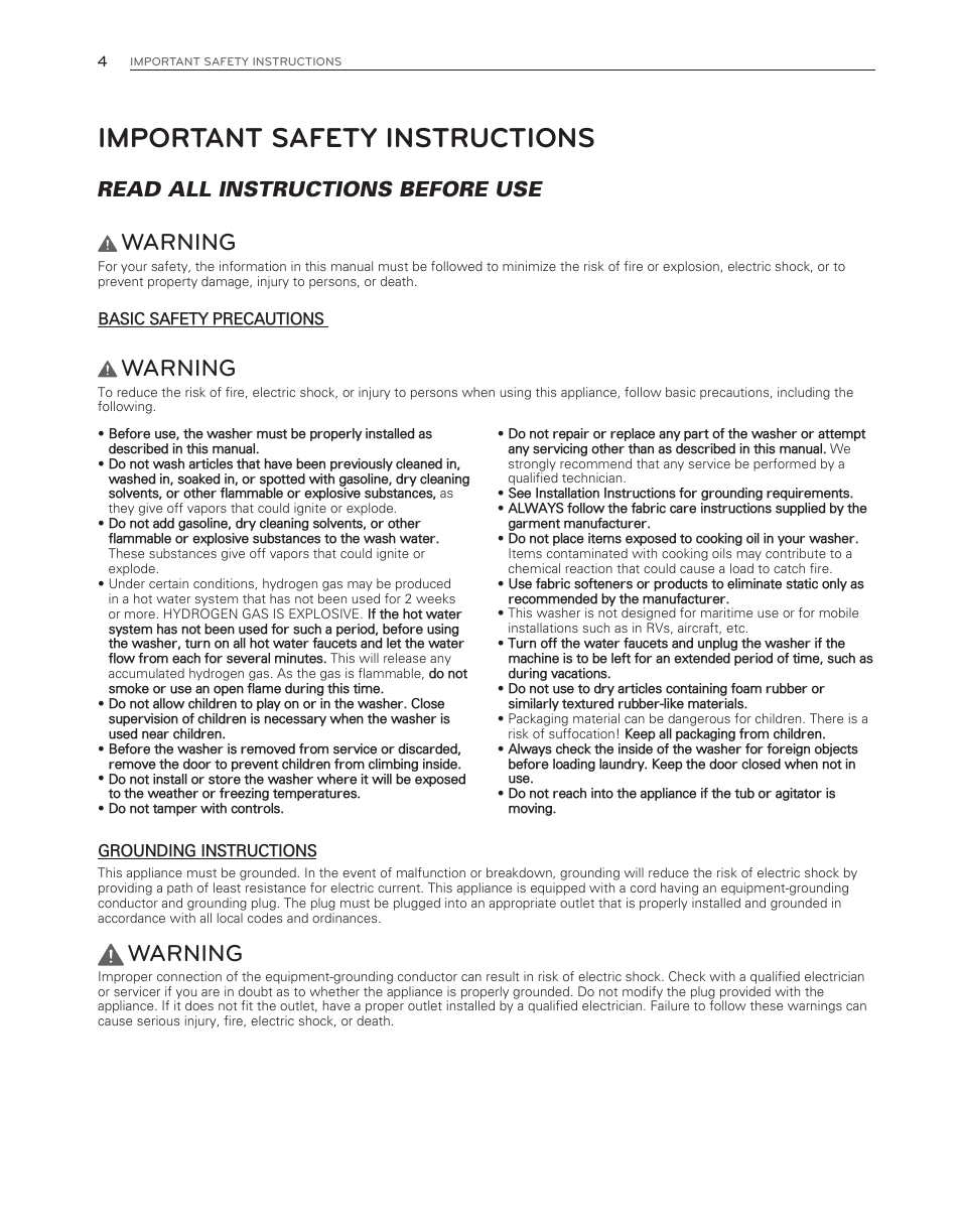 Important safety instructions, Warning, Read all instructions before use | LG WM3550HWCA User Manual | Page 4 / 120