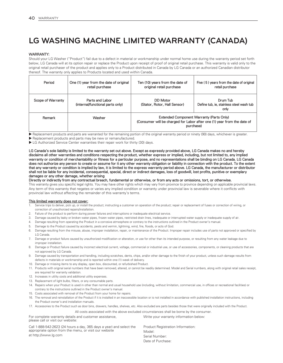 Lg washing machine limited warranty (canada) | LG WM3550HWCA User Manual | Page 40 / 120