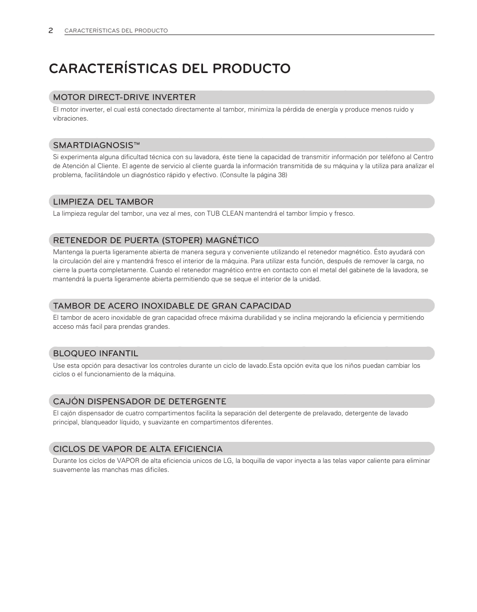Características del producto | LG WM3550HWCA User Manual | Page 42 / 120