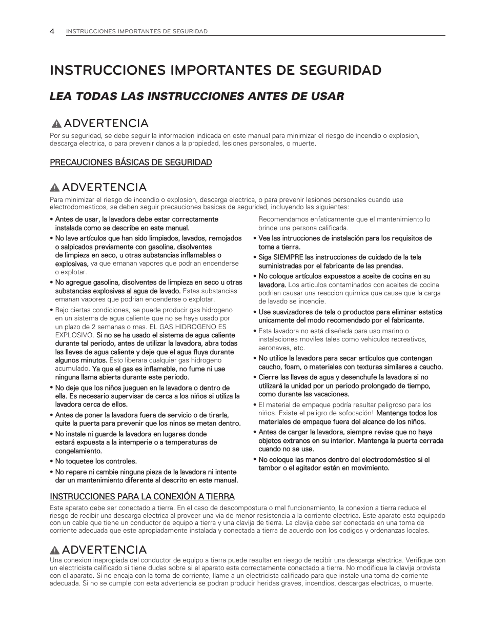 Instrucciones importantes de seguridad, Advertencia, Lea todas las instrucciones antes de usar | LG WM3550HWCA User Manual | Page 44 / 120