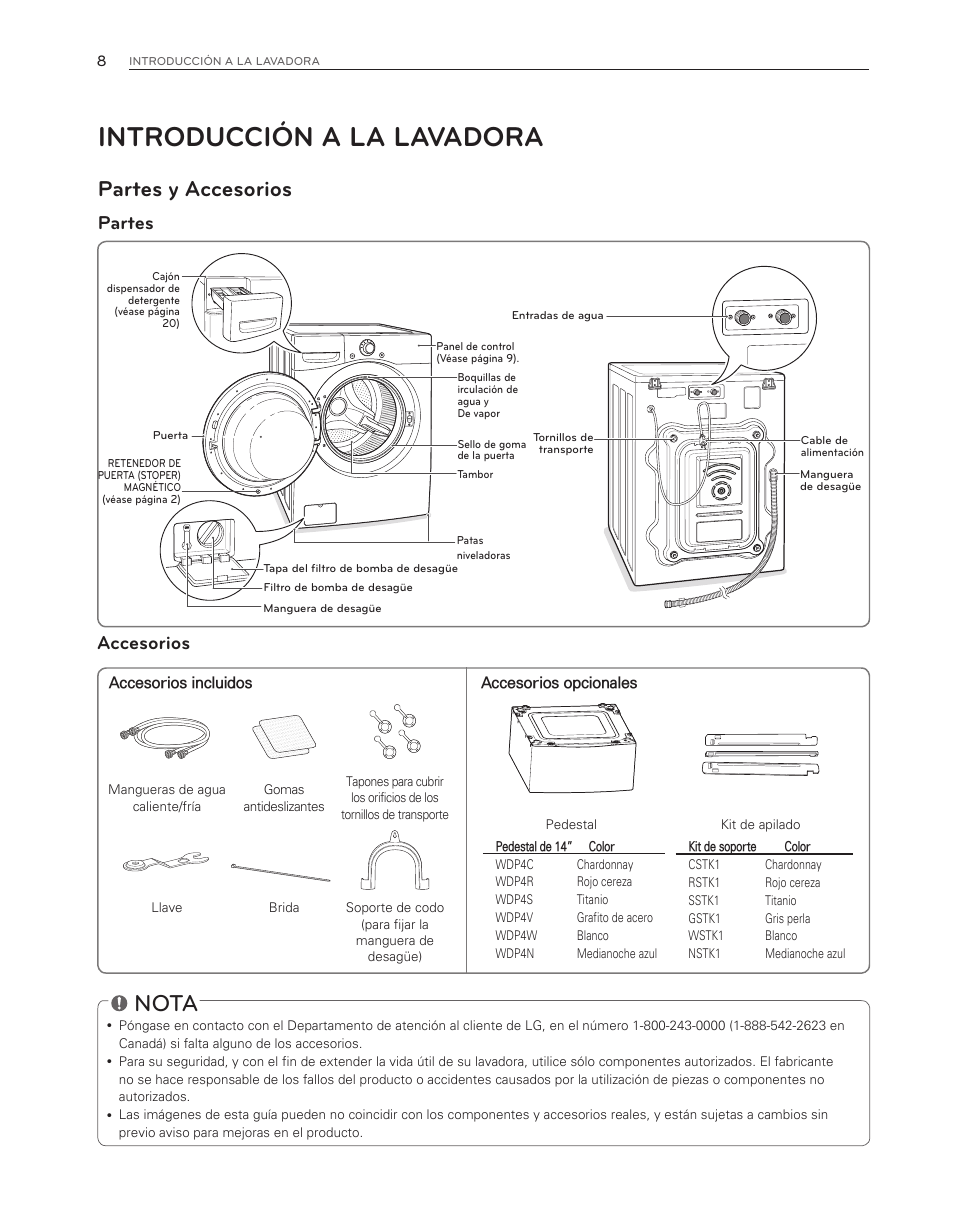 Introducción a la lavadora, Nota, Partes y accesorios | Accesorios, Partes | LG WM3550HWCA User Manual | Page 48 / 120