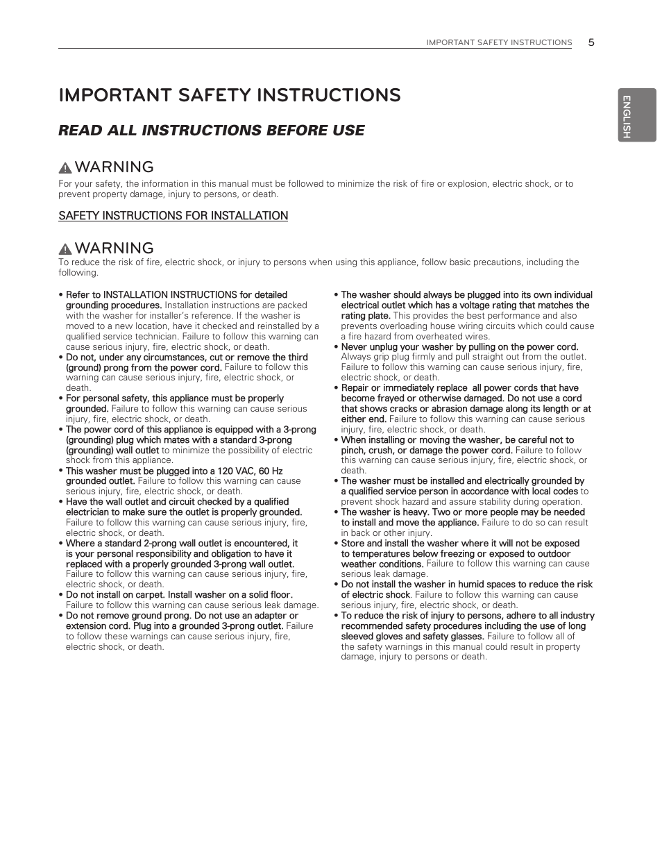 Important safety instructions, Warning, Read all instructions before use | LG WM3550HWCA User Manual | Page 5 / 120