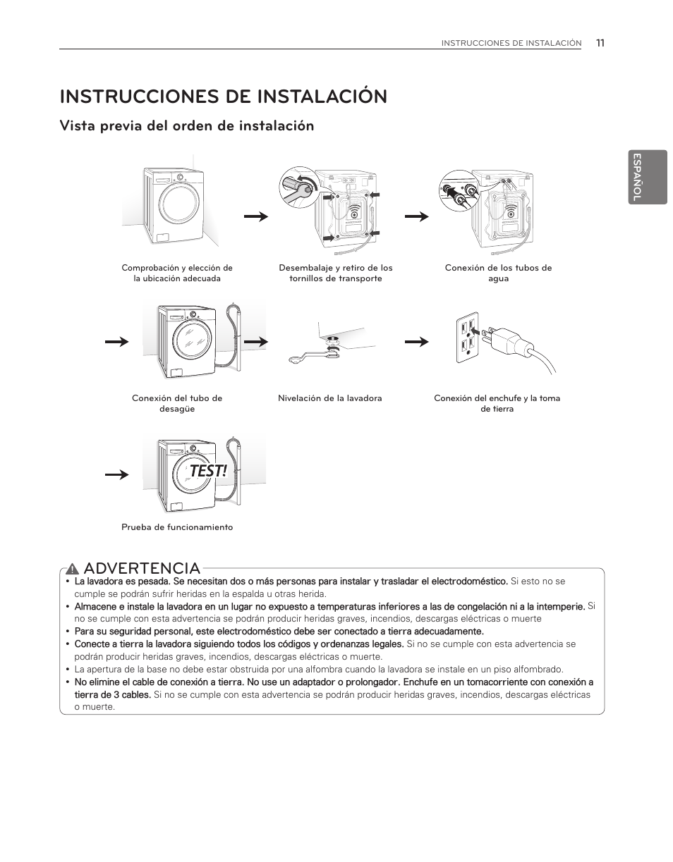 Instrucciones de instalación, Advertencia, Vista previa del orden de instalación | LG WM3550HWCA User Manual | Page 51 / 120