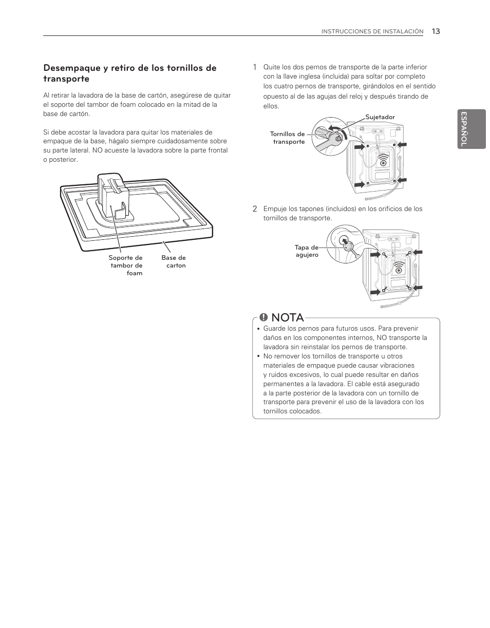 Nota, Desempaque y retiro de los tornillos de transporte | LG WM3550HWCA User Manual | Page 53 / 120
