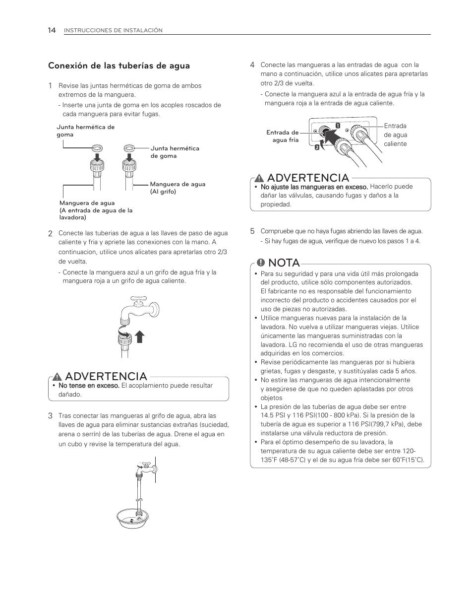 Advertencia, Nota, Conexión de las tuberías de agua | LG WM3550HWCA User Manual | Page 54 / 120