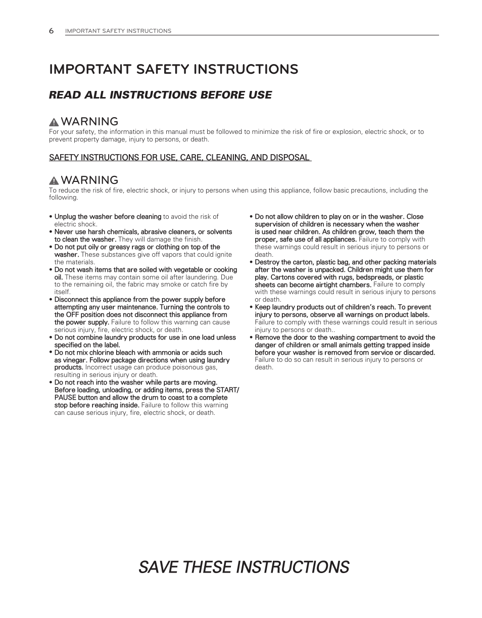 Save these instructions, Important safety instructions, Warning | Read all instructions before use | LG WM3550HWCA User Manual | Page 6 / 120