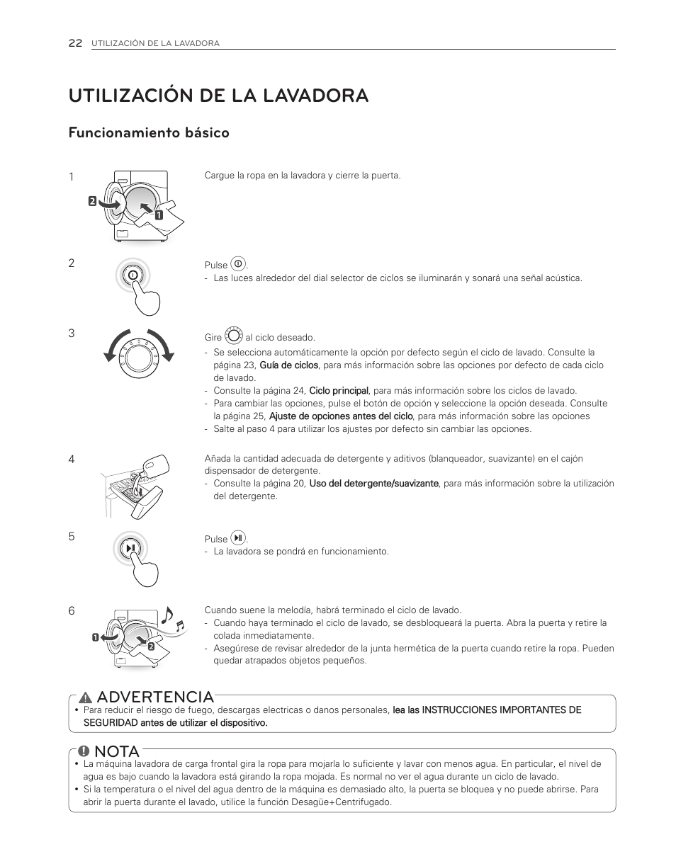 Utilización de la lavadora, Nota, Advertencia | Funcionamiento básico | LG WM3550HWCA User Manual | Page 62 / 120