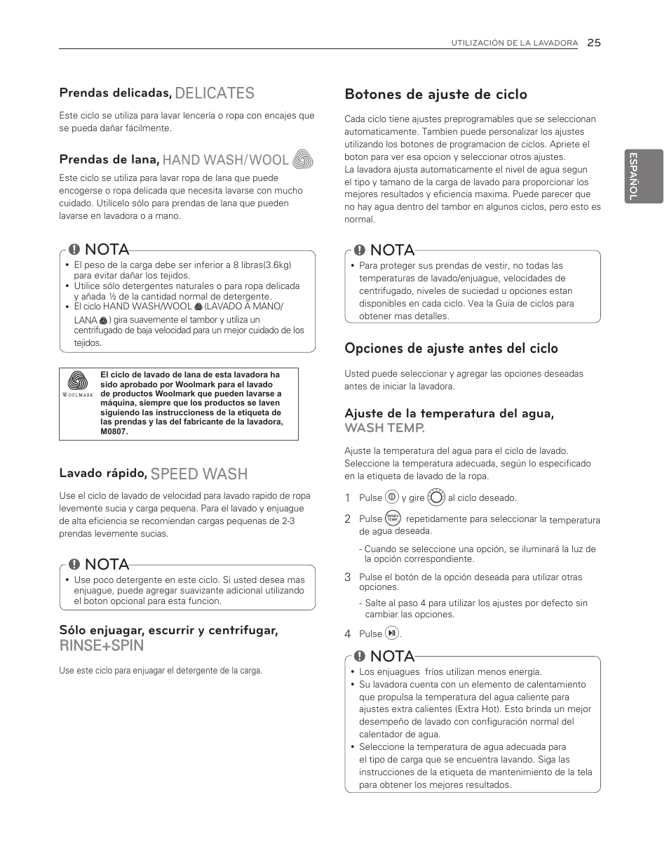 Nota, Botones de ajuste de ciclo, Opciones de ajuste antes del ciclo | Rinse+spin, Prendas delicadas, Prendas de lana, Lavado rápido, Sólo enjuagar, escurrir y centrifugar, Ajuste de la temperatura del agua, wash temp | LG WM3550HWCA User Manual | Page 65 / 120