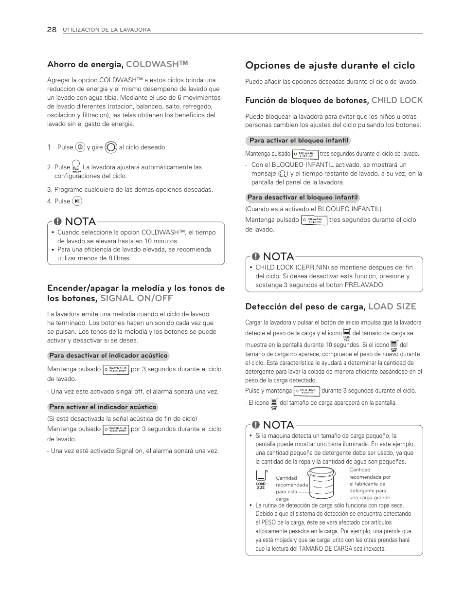 Nota, Opciones de ajuste durante el ciclo, Ahorro de energía, coldwash | Función de bloqueo de botones, child lock, Detección del peso de carga, load size | LG WM3550HWCA User Manual | Page 68 / 120