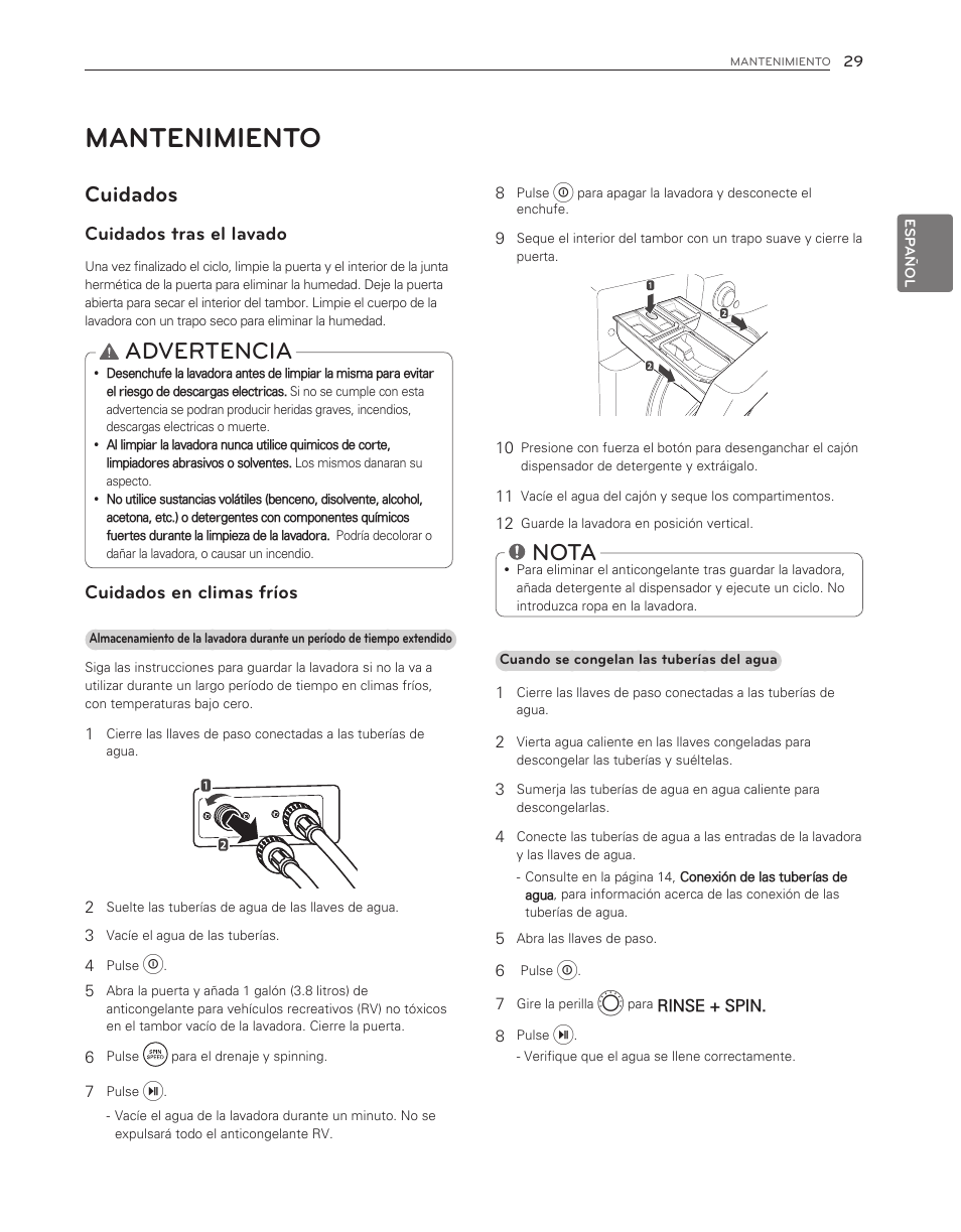 Mantenimiento, Advertencia, Nota | Cuidados, Cuidados tras el lavado, Cuidados en climas fríos | LG WM3550HWCA User Manual | Page 69 / 120