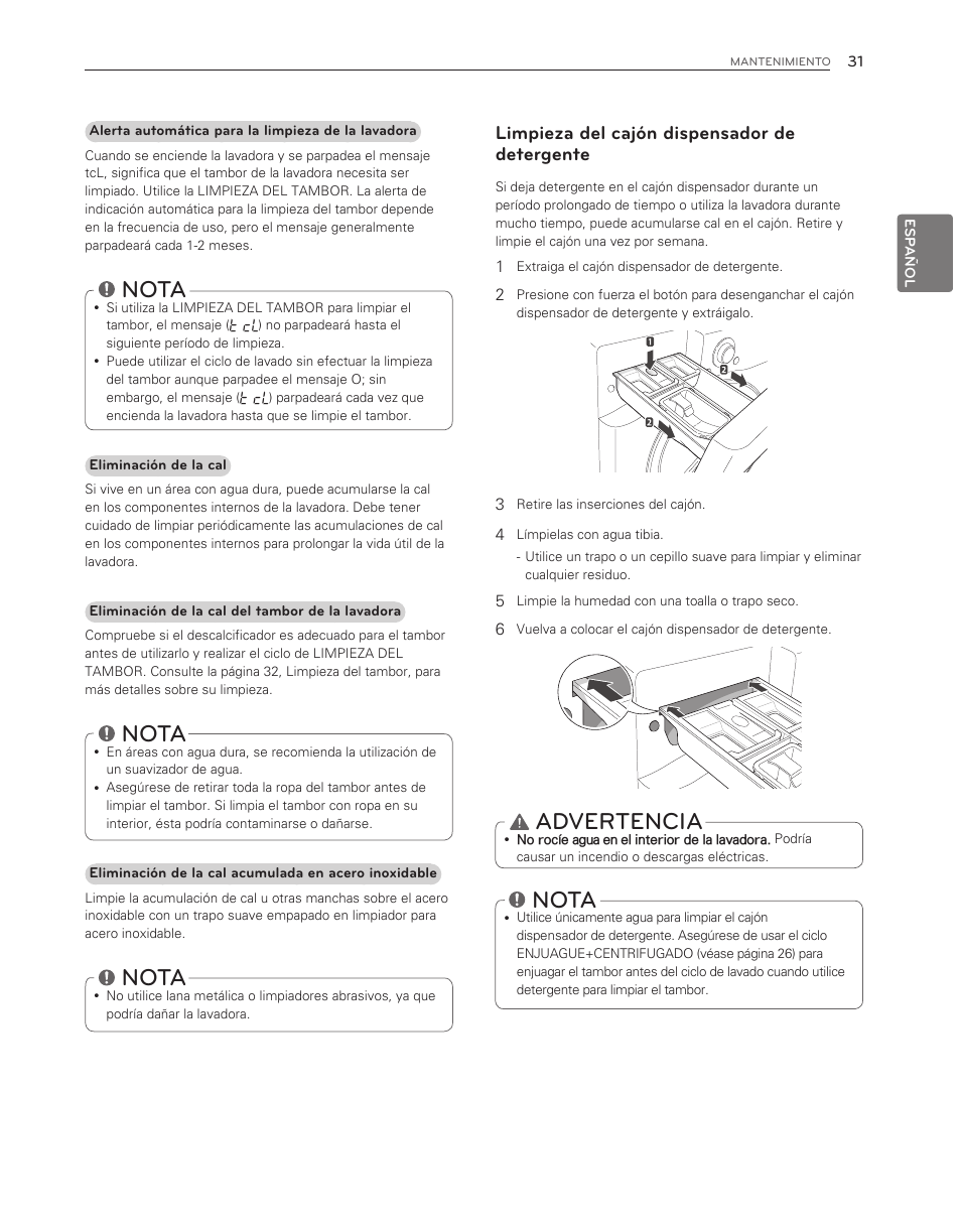Nota, Advertencia, Limpieza del cajón dispensador de detergente | LG WM3550HWCA User Manual | Page 71 / 120