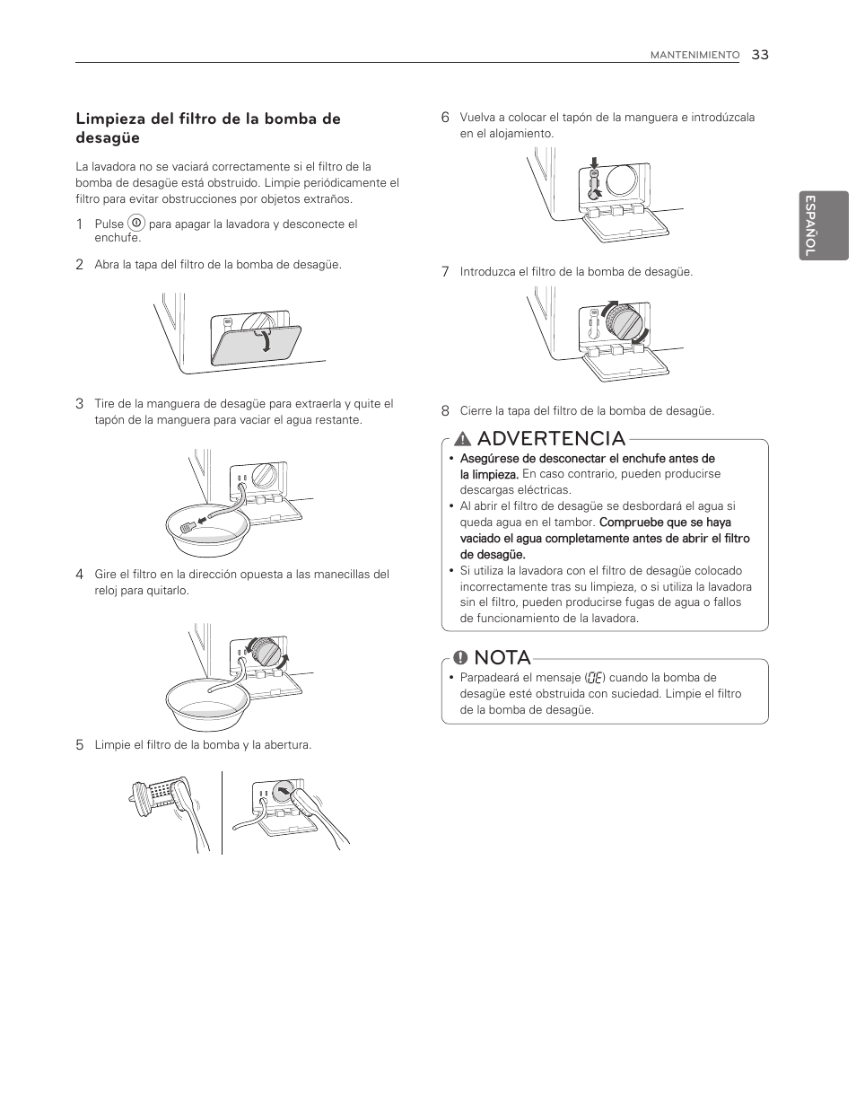 Advertencia, Nota, Limpieza del filtro de la bomba de desagüe | LG WM3550HWCA User Manual | Page 73 / 120