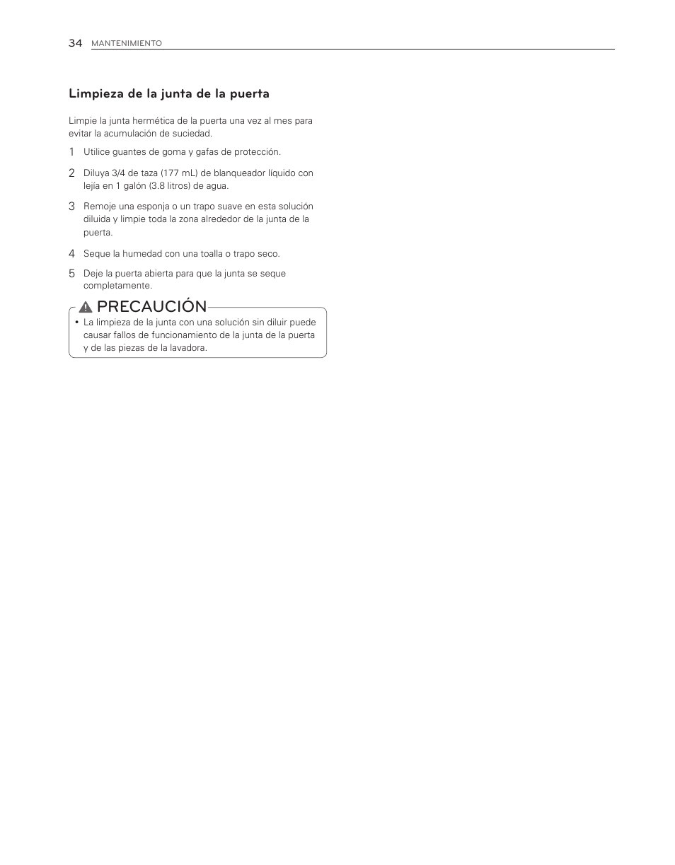 Precaución, Limpieza de la junta de la puerta | LG WM3550HWCA User Manual | Page 74 / 120
