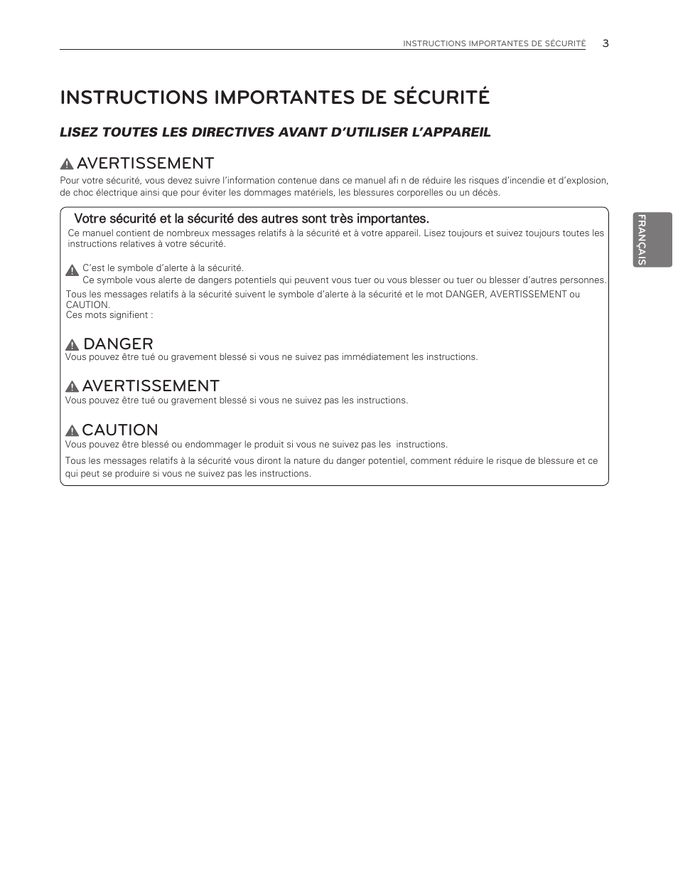 Instructions importantes de sécurité, Avertissement, Danger | Caution | LG WM3550HWCA User Manual | Page 83 / 120