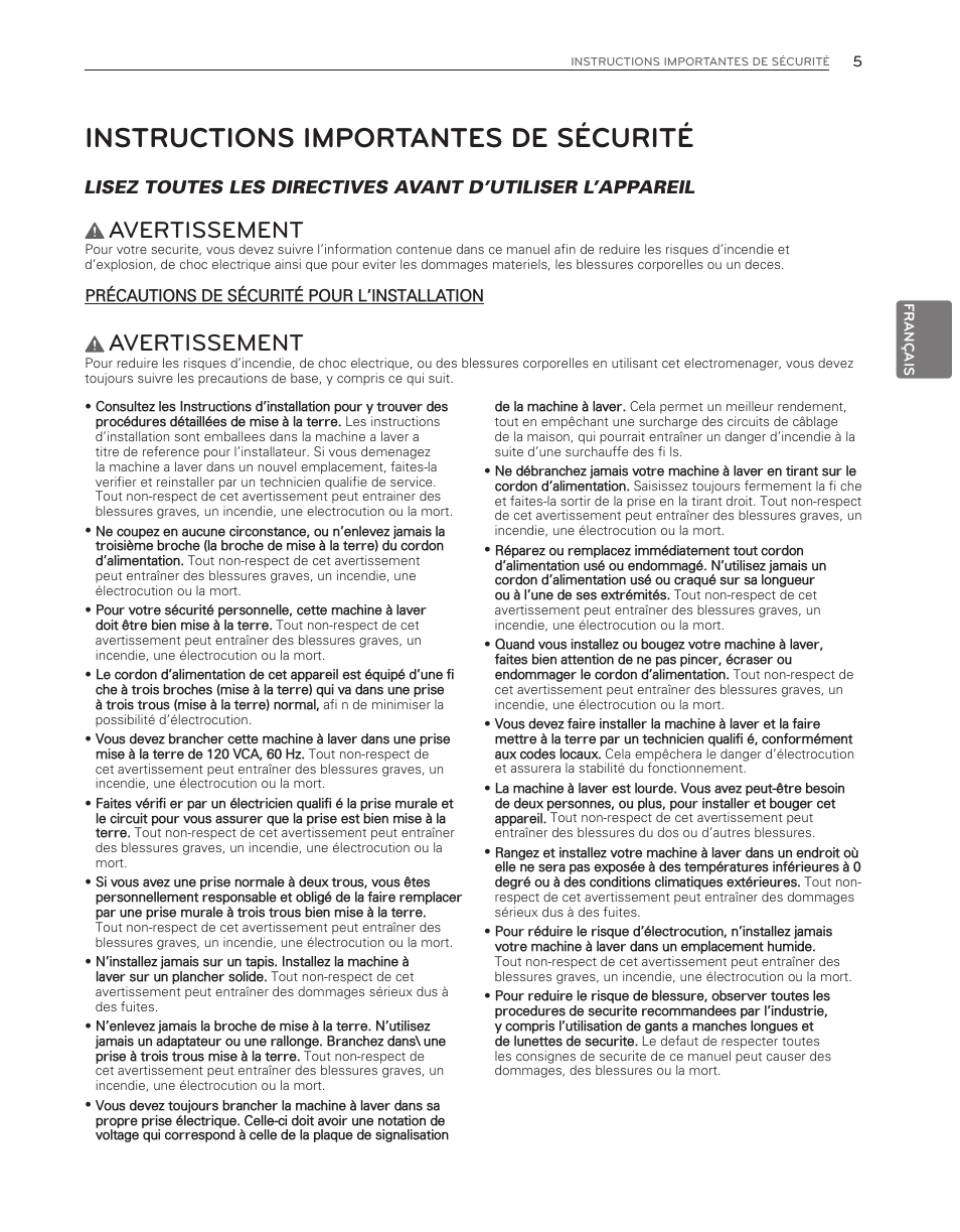 Instructions importantes de sécurité, Avertissement | LG WM3550HWCA User Manual | Page 85 / 120