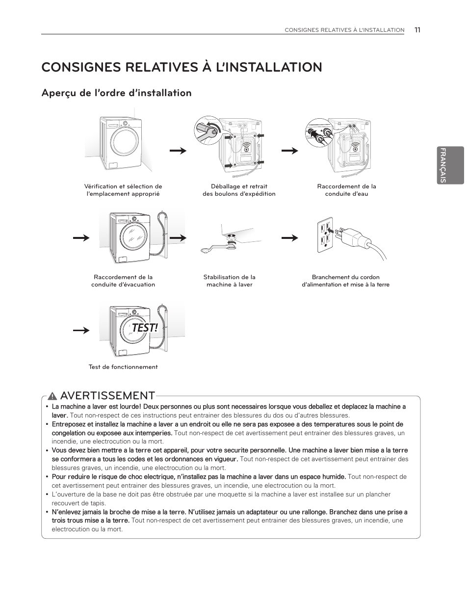 Consignes relatives à l’installation, Avertissement, Aperçu de l’ordre d’installation | LG WM3550HWCA User Manual | Page 91 / 120