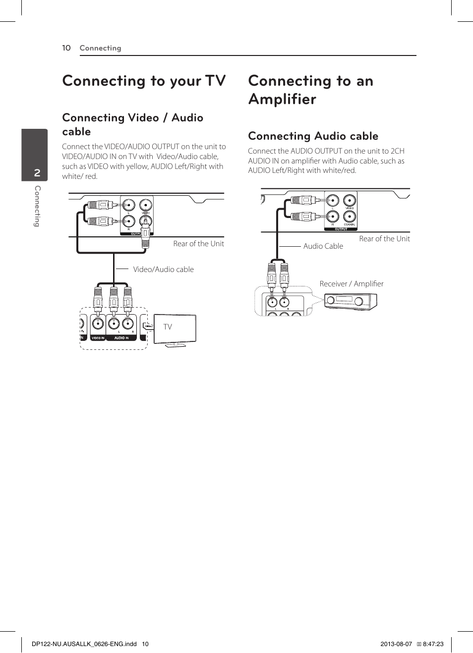 2 connecting, Connecting to your tv, Connecting video / audio cable | Connecting to an amplifier, Connecting audio cable | LG DP122 User Manual | Page 10 / 22