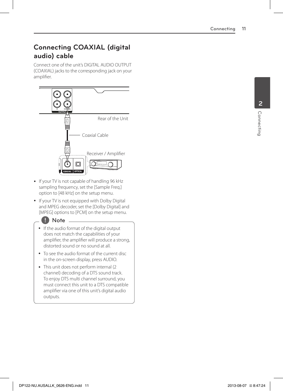 Connecting coaxial (digital audio) cable | LG DP122 User Manual | Page 11 / 22