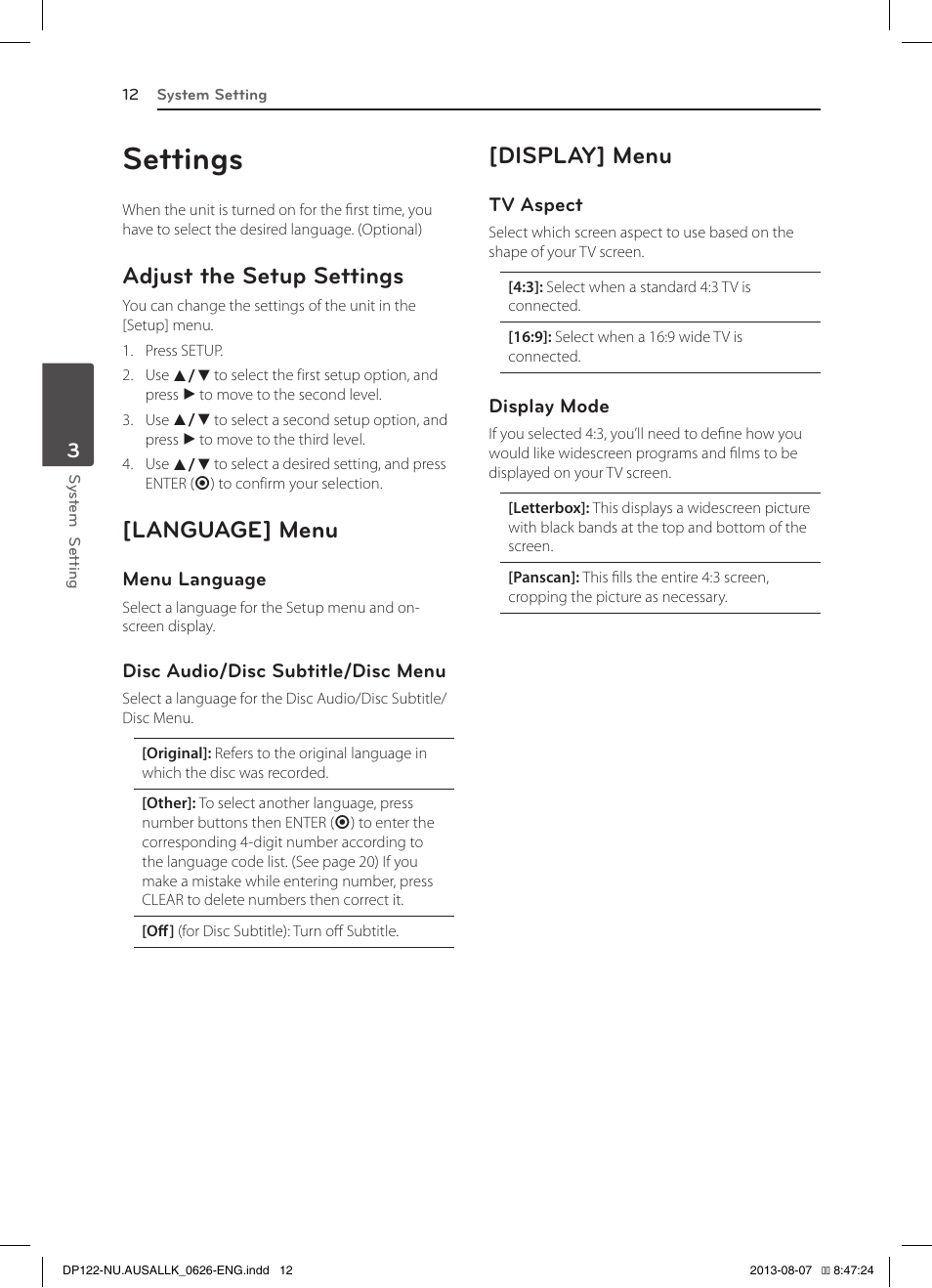 3 system setting, Settings, Adjust the setup settings | Language] menu, Display] menu | LG DP122 User Manual | Page 12 / 22