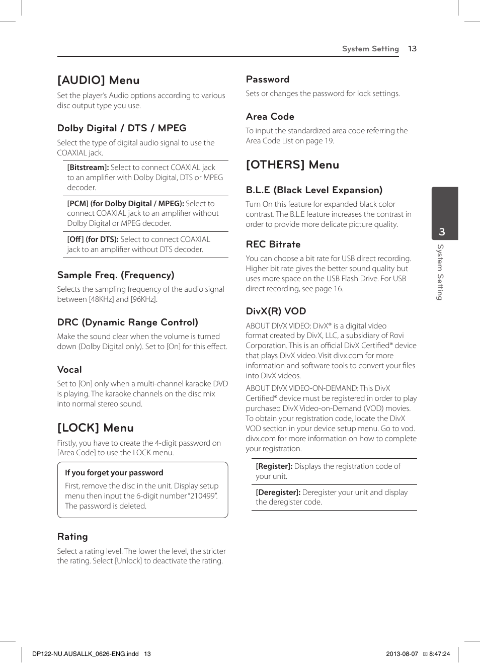 Audio] menu, Lock] menu, Others] menu | LG DP122 User Manual | Page 13 / 22