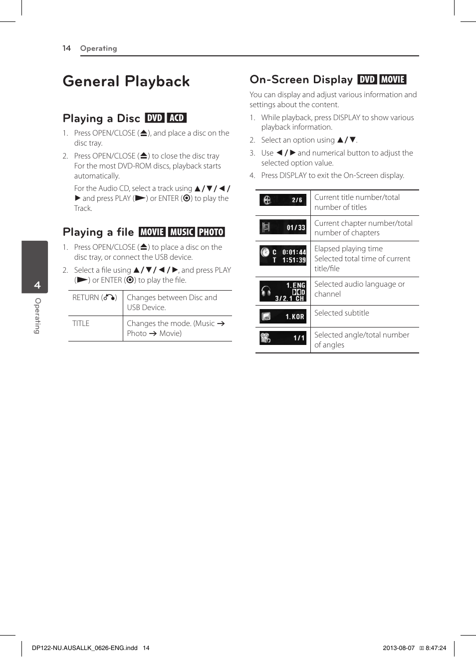 4 operating, General playback, Playing a disc rt | Playing a file yui, On-screen display ry, Playing a disc, Playing a file, On-screen display | LG DP122 User Manual | Page 14 / 22