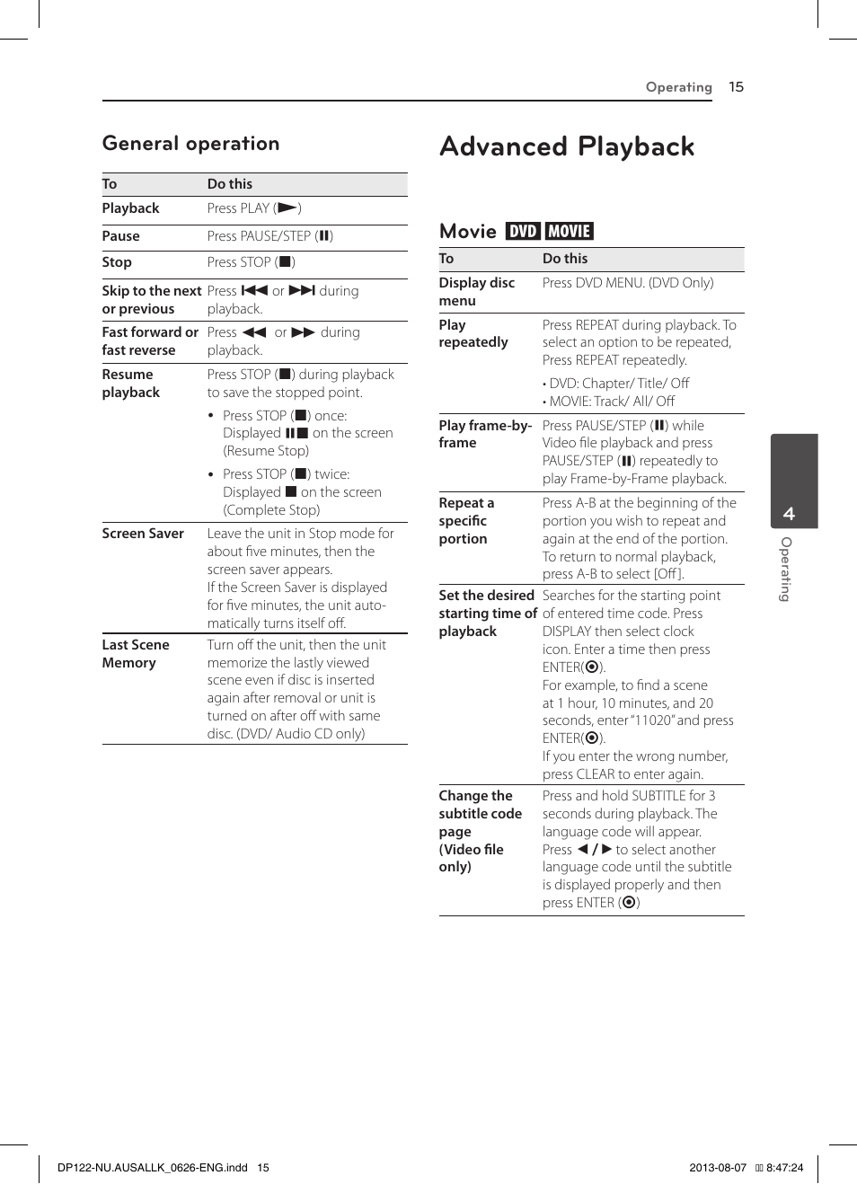 General operation, Advanced playback, Movie ry | Movie | LG DP122 User Manual | Page 15 / 22
